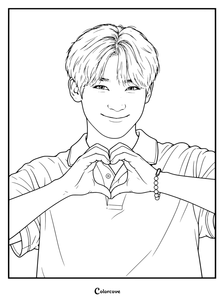 Sunoo del grupo de K-pop ENHYPEN haciendo un gesto de corazón con la mano en una camisa polo durante una página para colorear de su actuación en Studio Choom