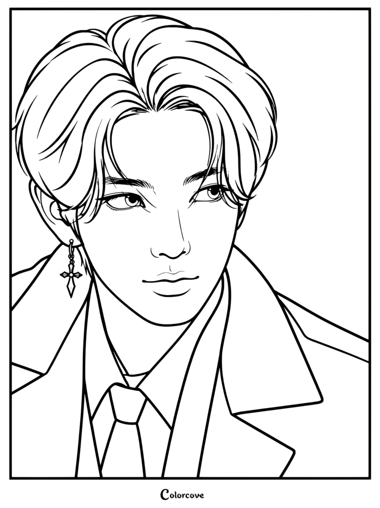 Dibujo para colorear de Heeseung del grupo de K-pop ENHYPEN, mostrado con una chaqueta oscura, camisa de vestir blanca, corbata y pendientes colgantes en forma de cruz.