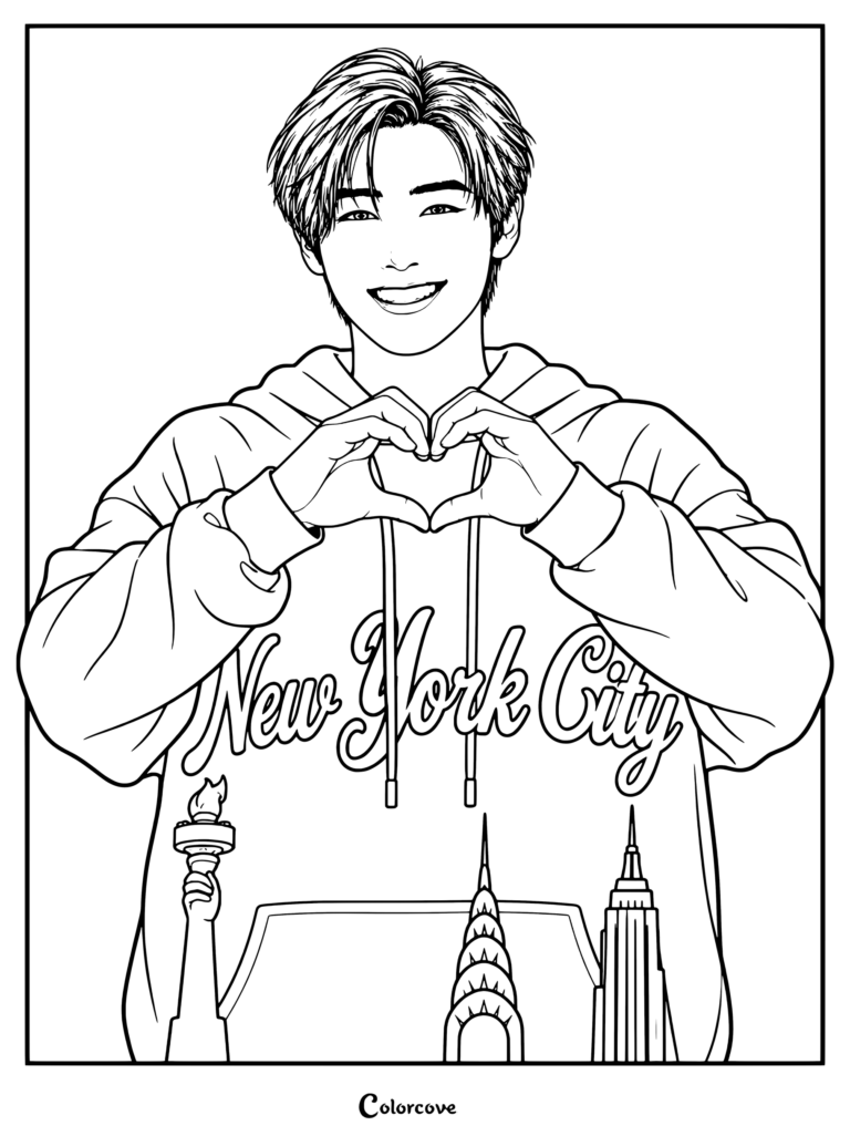 Página para colorear para imprimir de Sunghoon de ENHYPEN vistiendo una sudadera con aerógrafo de Nueva York y haciendo un corazón con la mano.