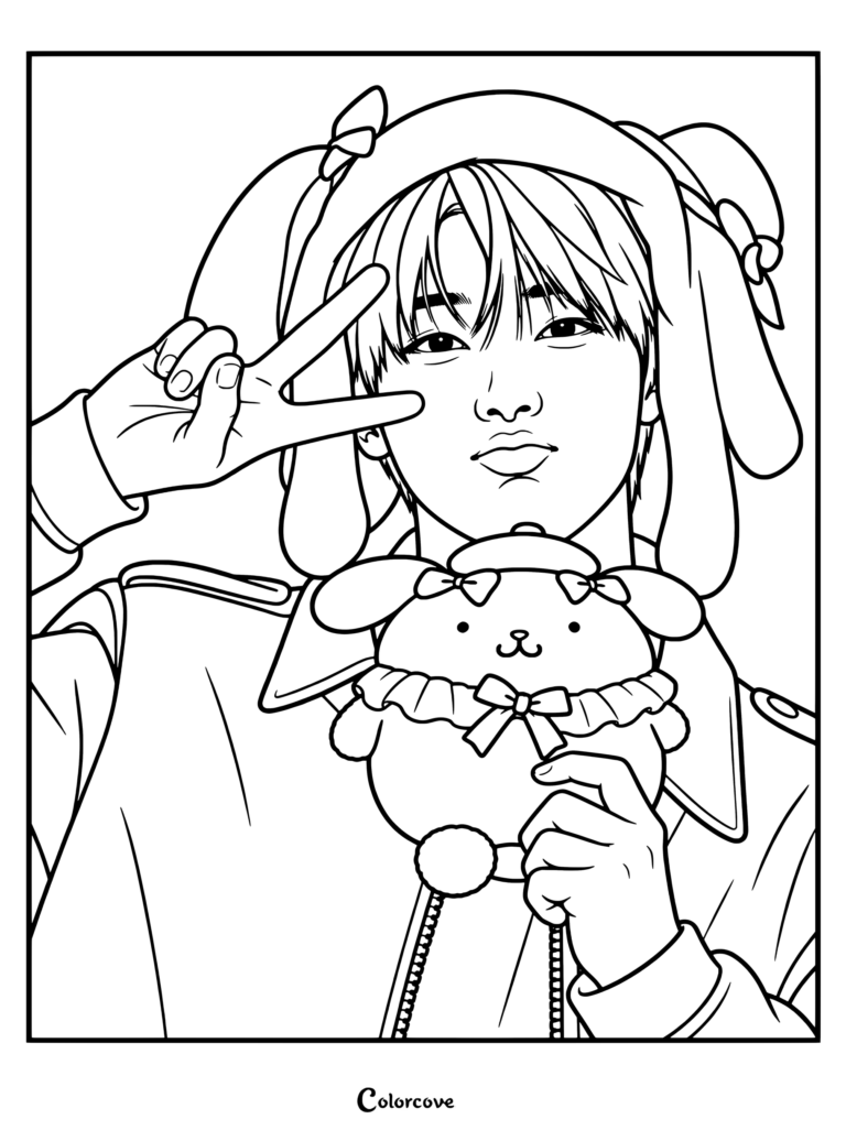 Una página para colorear de ENHYPEN para imprimir con Sunoo vistiendo un sombrero de Pompompurin mientras hace la señal de la paz y sostiene un peluche de Pompompurin.