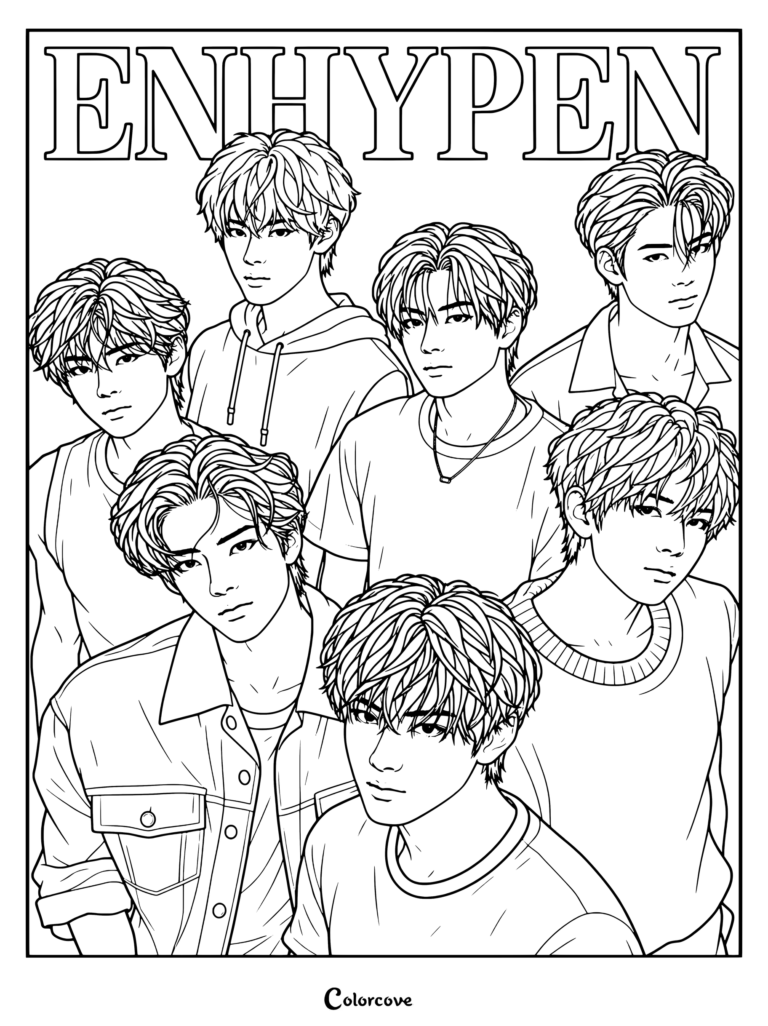 Una página para colorear para imprimir con un póster grupal de la boy band surcoreana ENHYPEN con los siete miembros etiquetados como Sunoo, Sunghoon, Jake, Jay, Jungwon, Heeseung y Ni ki.