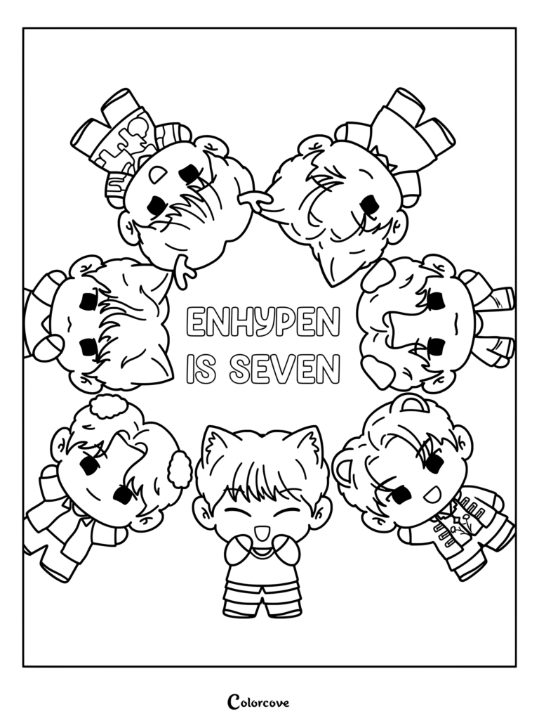 Página para colorear gratuita para imprimir con los siete miembros chibi de Enhypen rodeando el texto Enhypen Is Seven.