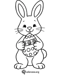 Cute Easter bunny holding an egg coloring page for kids, free printable.