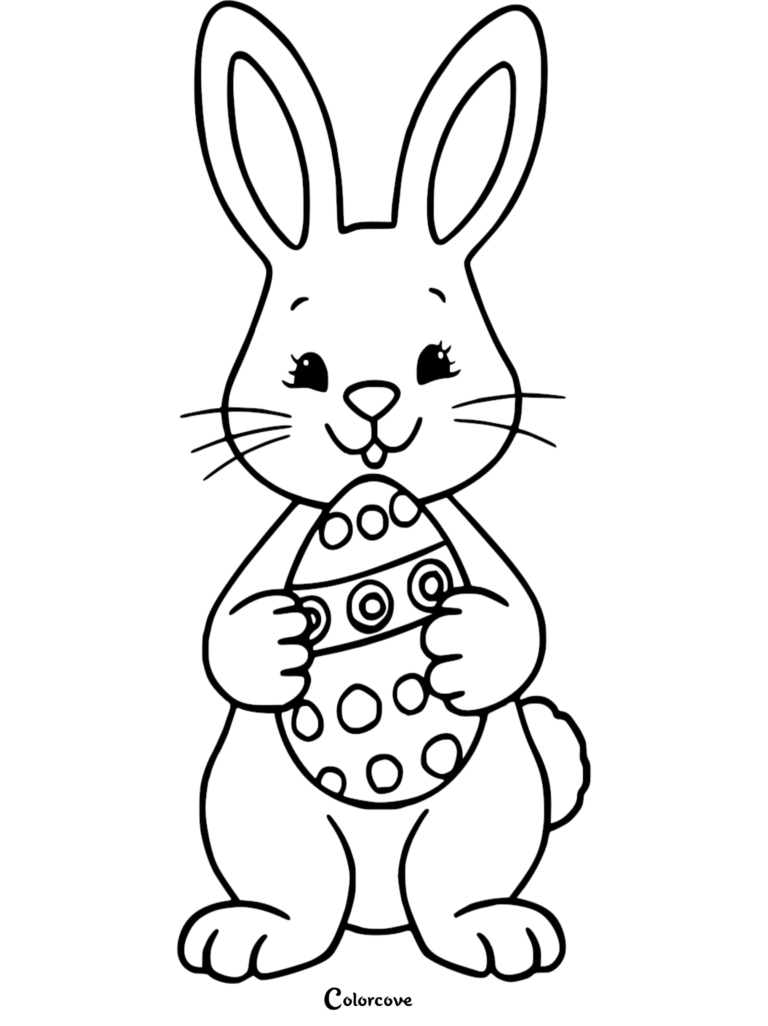 A cute Easter Bunny holding a patterned egg in this free printable coloring page.