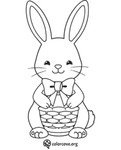 Cute bunny holding an Easter basket coloring page for kids. Perfect for holiday crafts and activities.