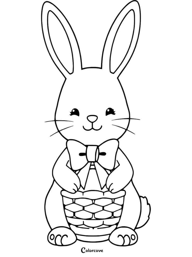 Cute Easter Bunny wearing a bow tie and holding a woven basket in this free printable coloring page.