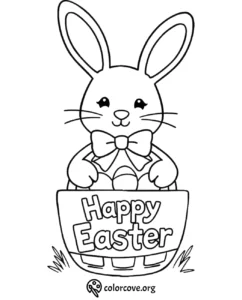 Cute Easter bunny coloring page with basket of eggs and Happy Easter text. Ideal for kids' holiday activities.
