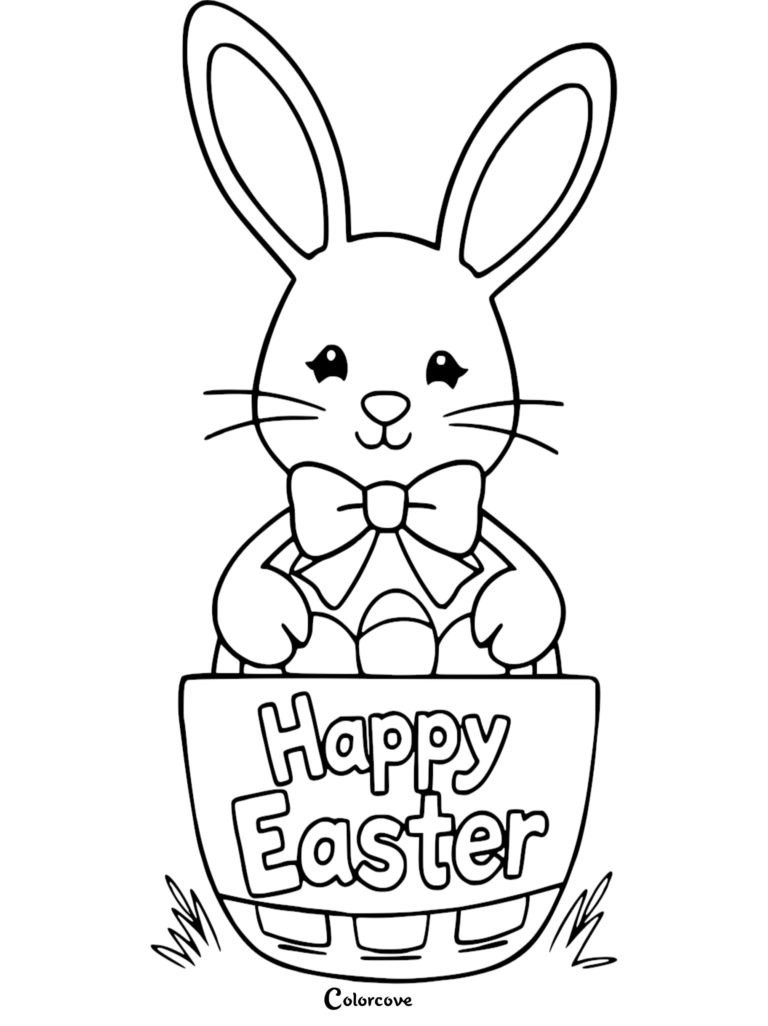 A cute Easter Bunny wearing a bow tie sitting in a basket labeled Happy Easter, printable coloring page.