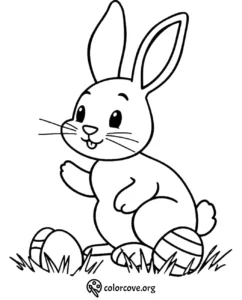Cute bunny with Easter eggs coloring page for kids. Fun and engaging activity sheet.
