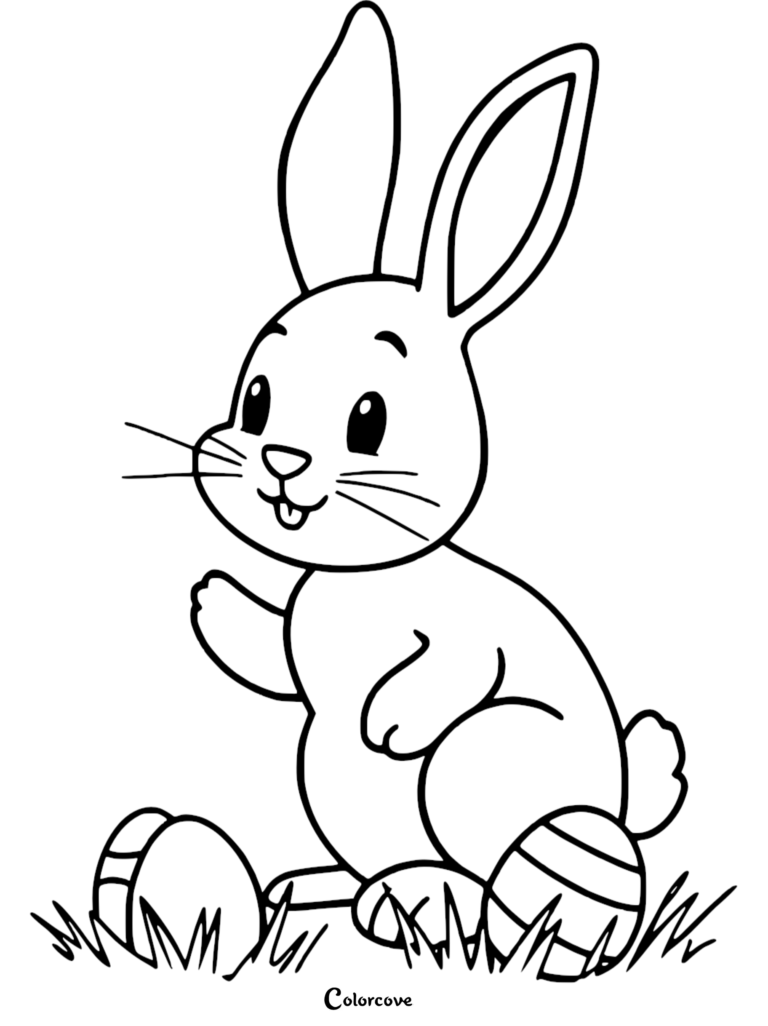 A cute Easter Bunny sitting in the grass with decorated eggs in this free printable coloring page.