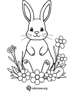 Cute bunny coloring page with flowers, perfect for kids and adults. Printable and fun for creative coloring activities.
