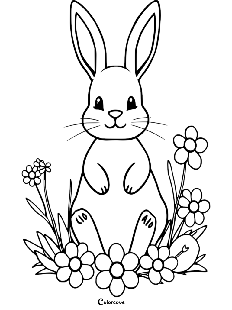 A cute Easter Bunny sitting among spring flowers in this free printable coloring page.