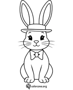 Coloring page featuring a cute bunny with a hat and bowtie, perfect for kids' creative activities.