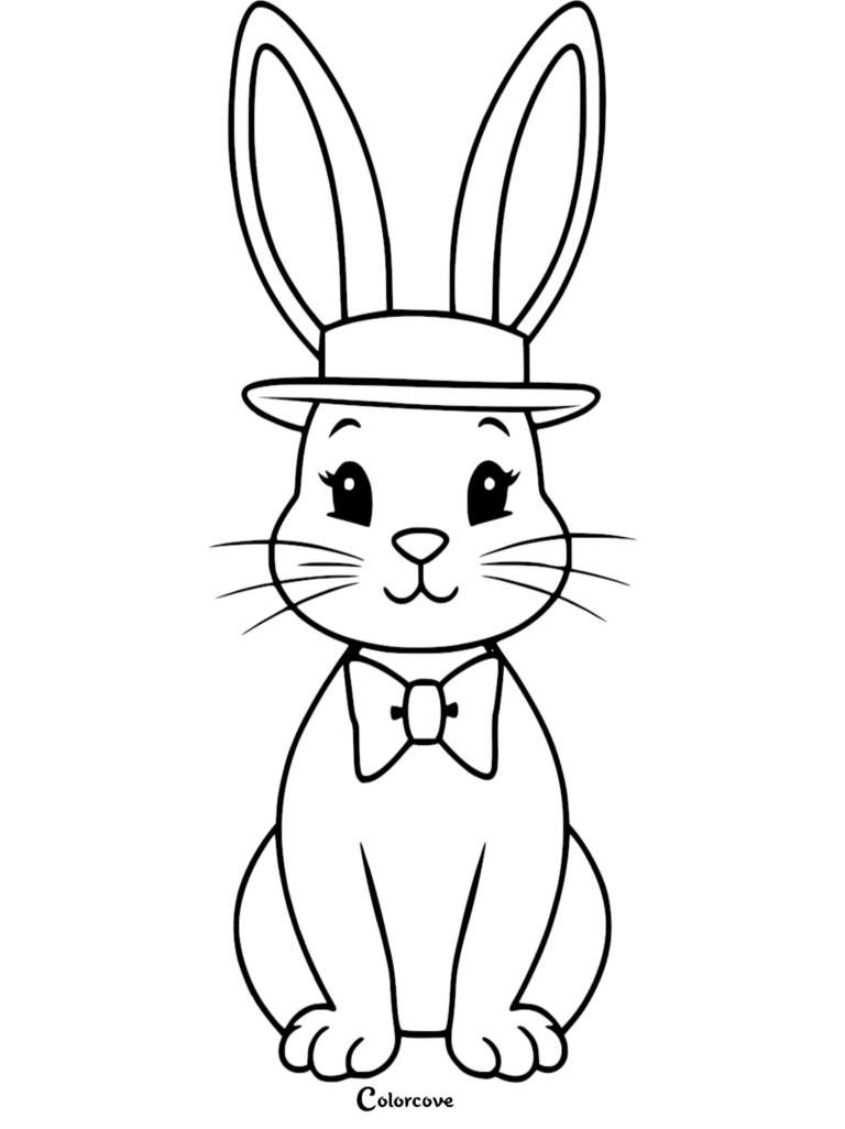 A cute Easter Bunny wearing a top hat and bow tie in this free printable coloring page.