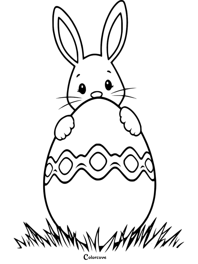 A cute Easter Bunny peeking over a large patterned Easter egg in the grass in this free printable coloring page.