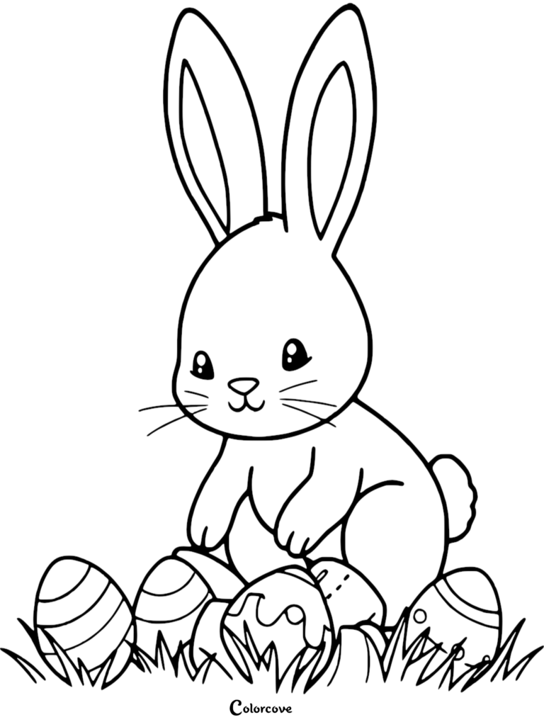 A cute Easter Bunny sitting in the grass surrounded by decorated eggs in this free printable coloring page.