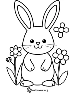 Cute bunny coloring page with flowers, perfect for kids' art activities and fun creative coloring sessions.