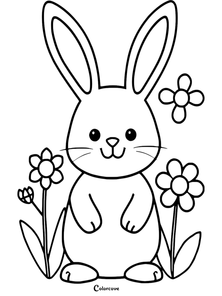 A cute Easter Bunny standing between flowers in this free printable coloring page.