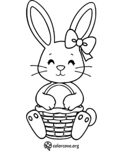 Cute bunny coloring page with bow and basket, perfect for kids and Easter fun.