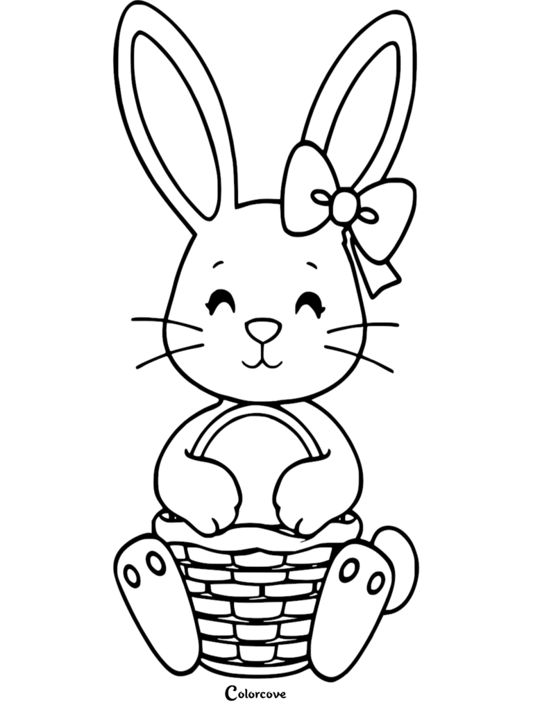 Cute Easter Bunny with a bow sitting in a woven basket, printable coloring page.