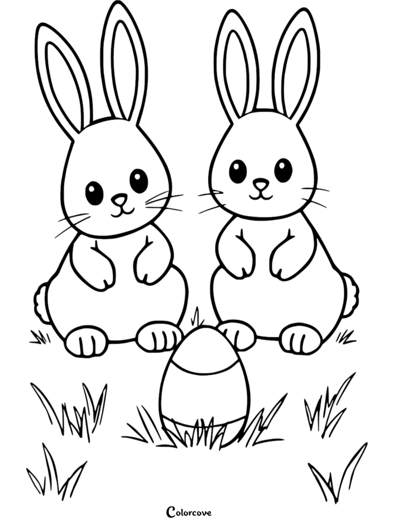 Two cute Easter bunnies sitting in the grass looking at a decorated egg in this free printable coloring page.
