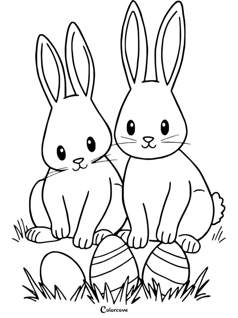 Two cute Easter bunnies sitting in the grass with decorated eggs in this free printable coloring page.