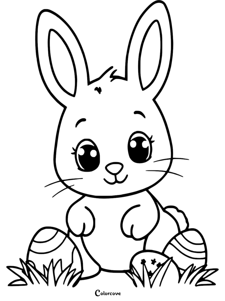 A cute Easter Bunny sitting in the grass with decorated eggs in this free printable coloring page.