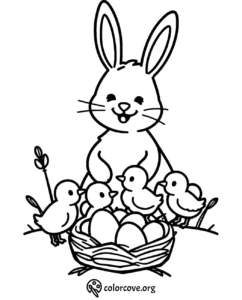 Bunny with baby chicks and eggs in a nest, spring coloring page, black and white outline for kids.