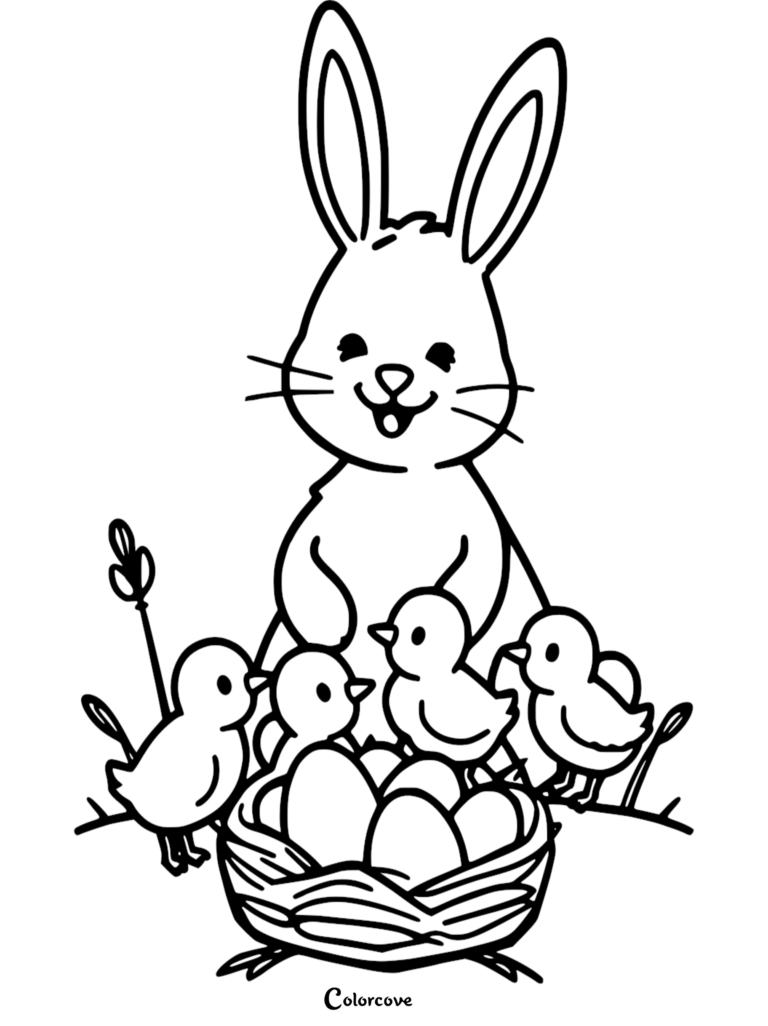 Easter Bunny coloring page featuring a cute bunny standing behind a nest of eggs surrounded by four small chicks.