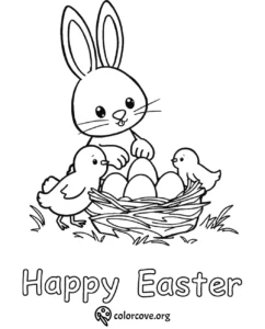 Easter bunny and chicks with a nest of eggs coloring page. Text reads Happy Easter with colorcove.org logo.