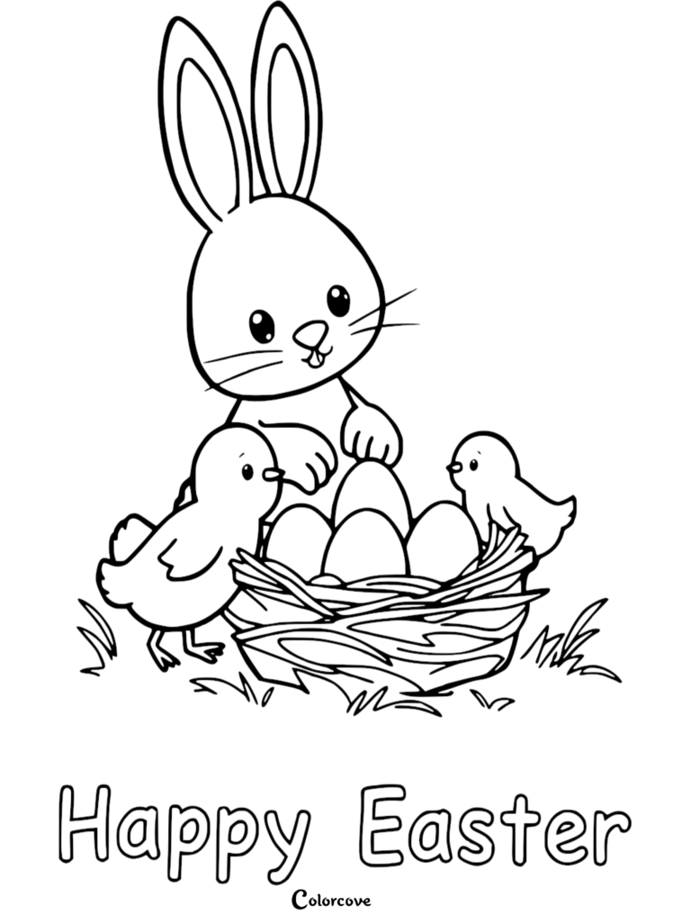 Easter Bunny coloring page featuring a cute rabbit with two chicks and a nest of eggs with Happy Easter text