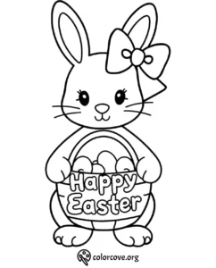 Easter bunny coloring page with a basket of eggs and text Happy Easter for kids.