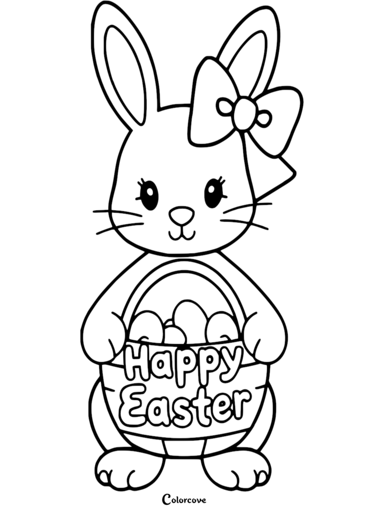 Cute bunny with a large bow holding a Happy Easter basket coloring page