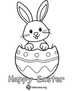 Easter bunny in egg coloring page with Happy Easter text, perfect for kids' festive coloring activities.