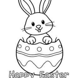 Easter bunny in egg coloring page with Happy Easter text, perfect for kids' festive coloring activities.