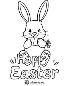 Cute Easter bunny coloring page with carrot and Happy Easter text. Perfect for kids and festive crafts.