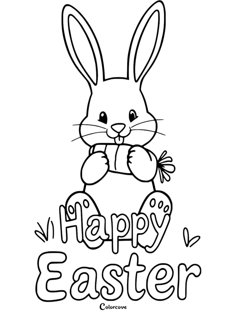 A cute Easter Bunny holding a carrot with Happy Easter text in this free printable coloring page.