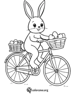 Cute bunny on a bicycle with baskets of eggs, perfect for an Easter-themed coloring page for kids.