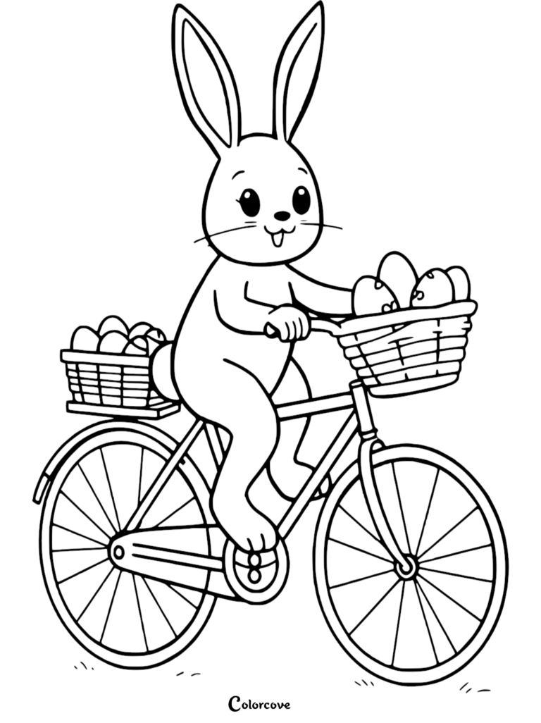 Cute Easter Bunny riding a bicycle with baskets full of decorated eggs, a printable coloring page.