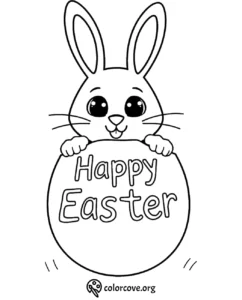 Cute Easter Bunny coloring page with Happy Easter text, perfect for kids’ holiday activities and celebrations.