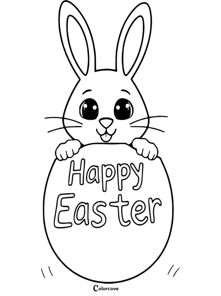 Cute Easter Bunny holding a large egg that says Happy Easter in this free printable coloring page.