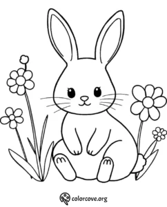 Cute bunny coloring page with flowers, perfect for kids to enjoy and color creatively.