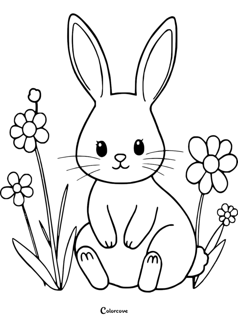 A cute Easter bunny sitting among spring flowers in this free printable coloring page.