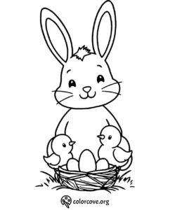 Coloring page of a cute bunny with a basket of eggs and two chicks, perfect for Easter crafts and activities.