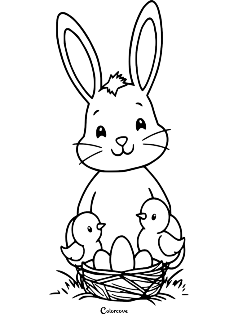 Easter Bunny coloring page featuring a cute bunny sitting behind a nest with two chicks and Easter eggs.