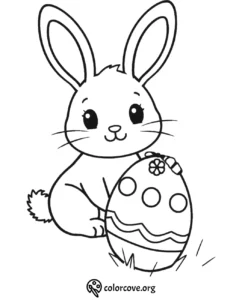 Cute Easter bunny with a decorated egg coloring page for kids. Perfect for holiday-themed coloring fun.