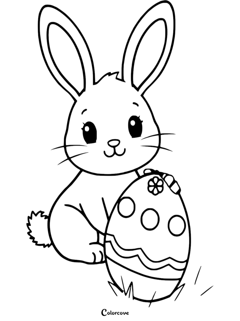 A cute Easter Bunny holding a decorated patterned egg in this free printable coloring page.