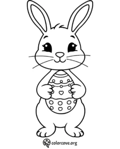 Cute bunny holding decorated egg coloring page for kids. Perfect for Easter activities and creative fun.