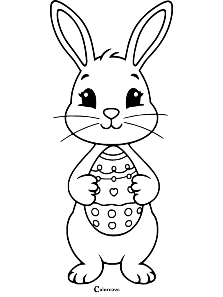 A cute Easter bunny holding a decorated patterned egg in this free printable coloring page.