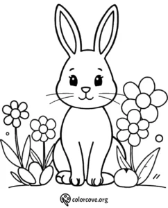 Cute bunny coloring page with flowers, perfect for kids' art activities and printable fun.